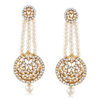 Ethnic White Stone Gold Finish Pearl Dangle Earrings 1
