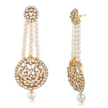 Ethnic White Stone Gold Finish Pearl Dangle Earrings 2