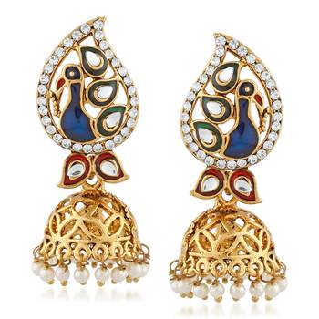 Peacock Design Kundan Stone Meenakari Jhumka Style Dangle Earrings 2