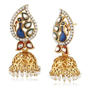 Peacock Design Kundan Stone Meenakari Jhumka Style Dangle Earrings 3