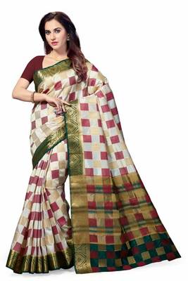 white woven Poly Cotton saree with blouse 1