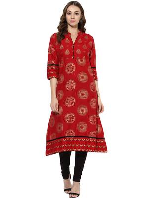 Red Printed cotton stitched kurti 1