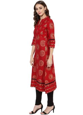 Red Printed cotton stitched kurti 3