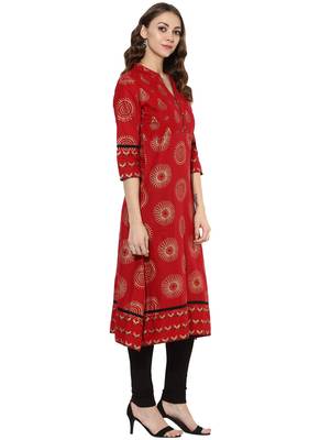 Red Printed cotton stitched kurti 4