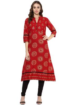 Red Printed cotton stitched kurti 5