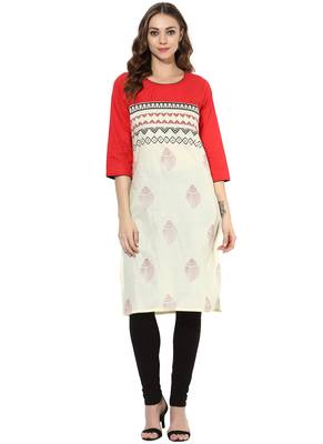 Off_White Printed cotton stitched kurti 1