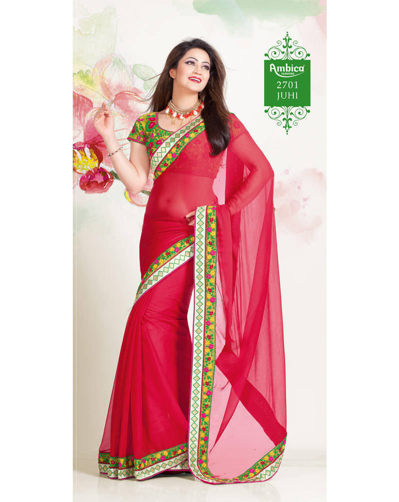 Impressible Red Chiffon Saree With Embroidery Work