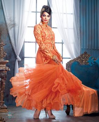 Mugdha Godse IN Designer Orange Jacket Style Anarkali Suit 1