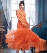 Mugdha Godse IN Designer Orange Jacket Style Anarkali Suit