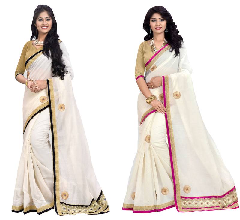 Multicolor plain cotton silk combo saree with blouse