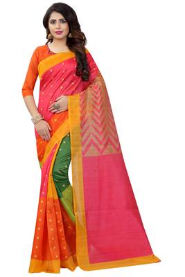 Yellow printed bhagalpuri silk saree with blouse 1