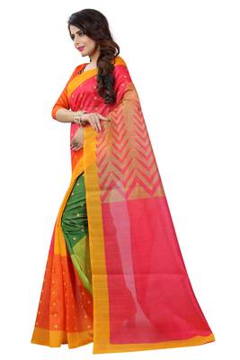 Yellow printed bhagalpuri silk saree with blouse 2