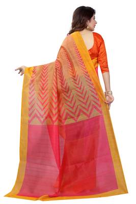 Yellow printed bhagalpuri silk saree with blouse 3