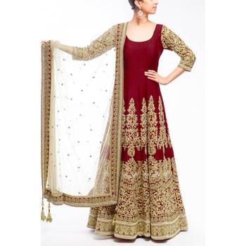 Maroon embroidered silk semi-stitched salwar suit with dupatta 1