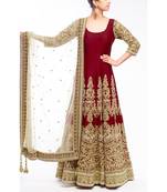 Maroon embroidered silk semi-stitched salwar suit with dupatta