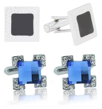 Square Shape Crystal Enamel Blue Black Rhodium Plated Bass Cufflink Combo For Men 1