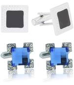 Square Shape Crystal Enamel Blue Black Rhodium Plated Bass Cufflink Combo For Men