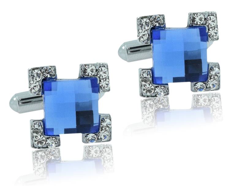 Square Shape Crystal Enamel Blue Black Rhodium Plated Bass Cufflink Combo For Men