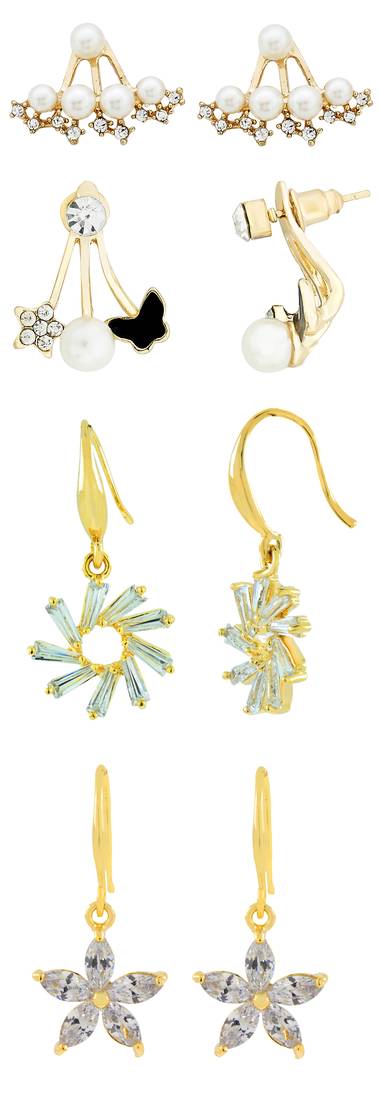 Flower Studed Crystal American Diamond Pearl 18K Gold Plated Bass Stud Earrings Combo For Women