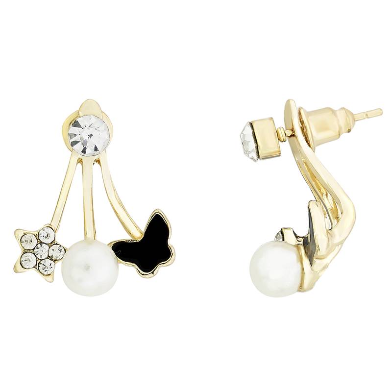 Flower Studed Crystal American Diamond Pearl 18K Gold Plated Bass Stud Earrings Combo For Women
