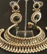 Maroon & Green colour Kundan Anklets & Green colour Earrings