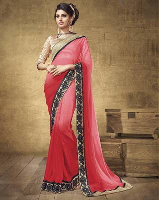 Red embroidered georgette saree with blouse 1