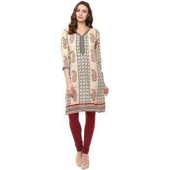cream printed cotton stitched kurti 1
