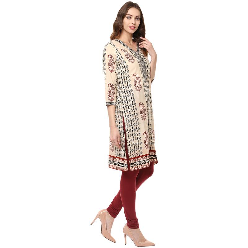 cream printed cotton stitched kurti