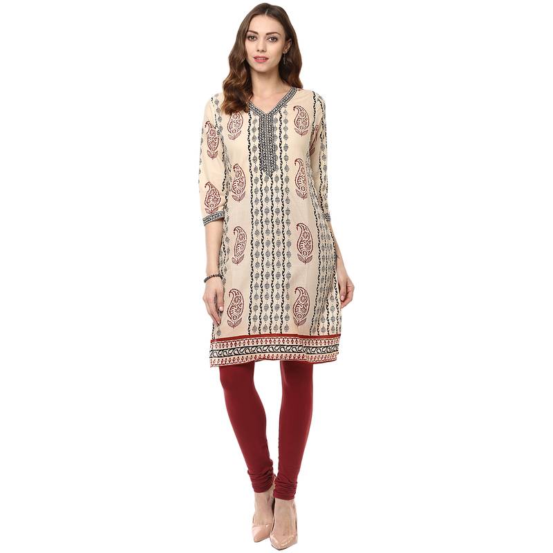 cream printed cotton stitched kurti