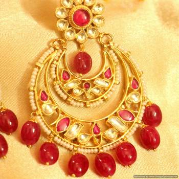 Kundan & Pearl Chaand Baali Ruby Danglers 2