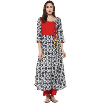 Ridan Women Red Blue Printed Rayon Long Stitched kurti 1