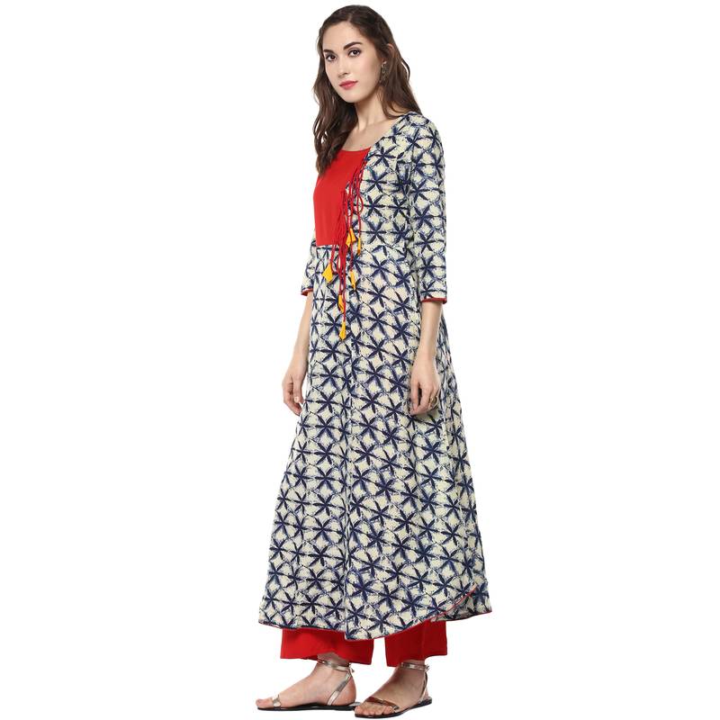 Ridan Women Red Blue Printed Rayon Long Stitched kurti
