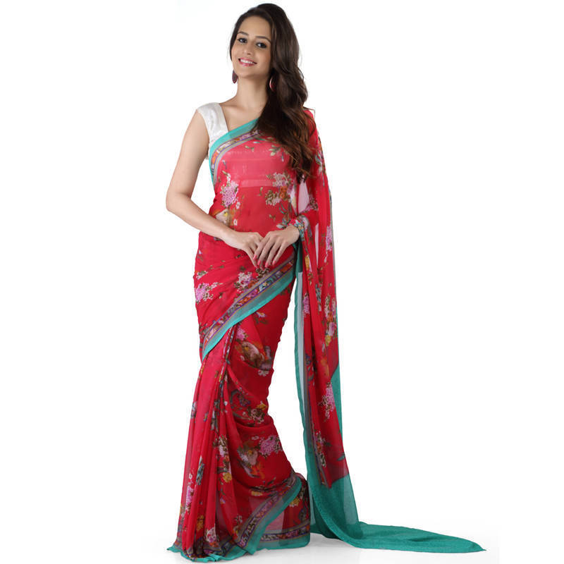 Women's Georgette Red WovenDesign DesignerSaree With Blouse Piece