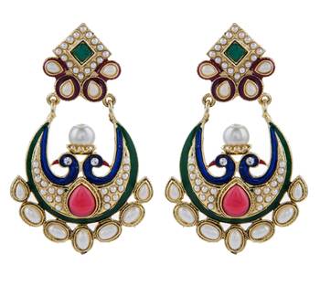 gold plated pearl red green chaand bali peacock mayur earring 1