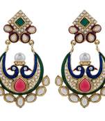 gold plated pearl red green chaand bali peacock mayur earring