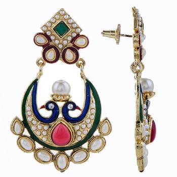 gold plated pearl red green chaand bali peacock mayur earring 2
