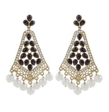 gold plated pearl black stone CZ filigree long chandelier earring 1