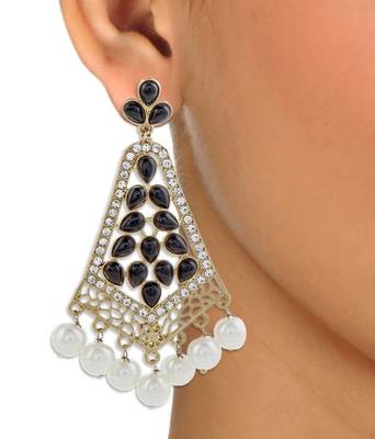 gold plated pearl black stone CZ filigree long chandelier earring 2