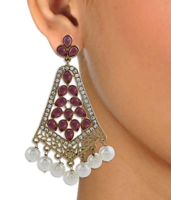 gold plated pearl pink stone CZ filigree long chandelier earring 1