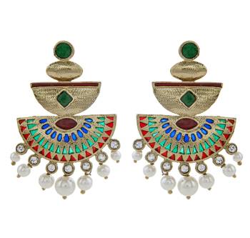 mehendi finish red green meenakari kundan pearl antique earring 1