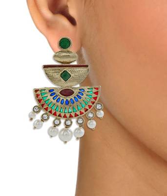 mehendi finish red green meenakari kundan pearl antique earring 3