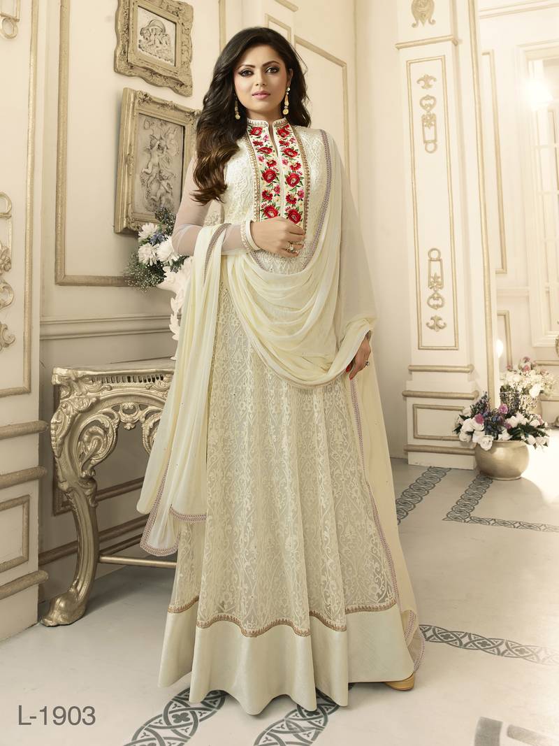 Light cream embroidered faux super net salwar