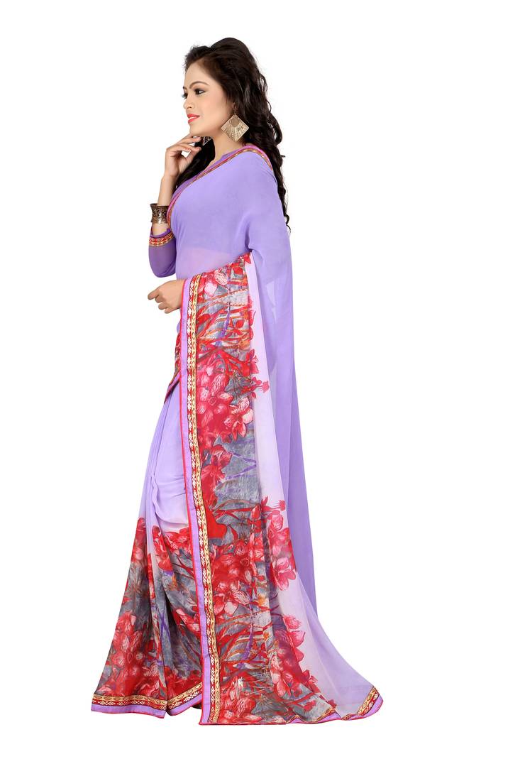 Women's Georgette Lavender Embellished Designer Saree With Blouse Piece