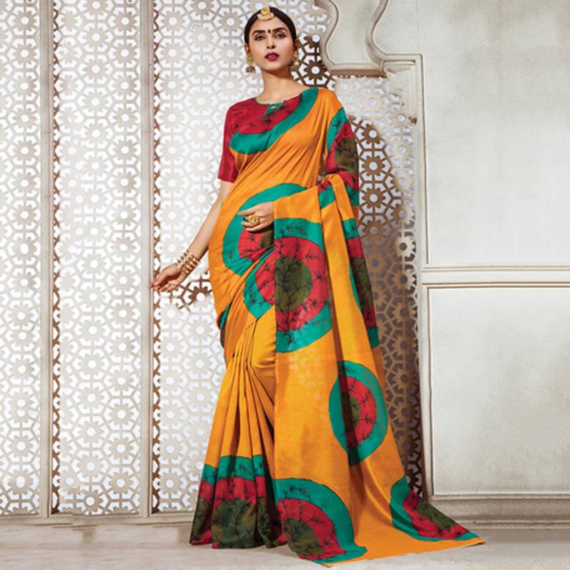 orange printed bhagalpuri silk fashion bhagalpuri silk sarees with blouse