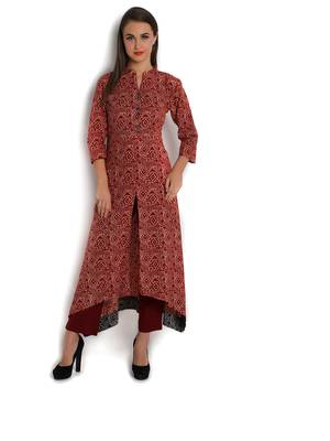 Indibelle Red cotton C-Cut Long kurta 1