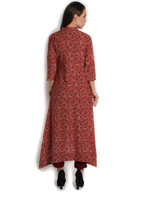 Indibelle Red cotton C-Cut Long kurta 4