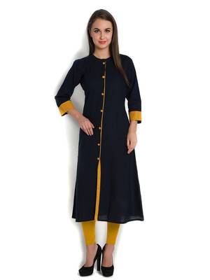 Indibelle blue solid cotton slub front cut kurta 1