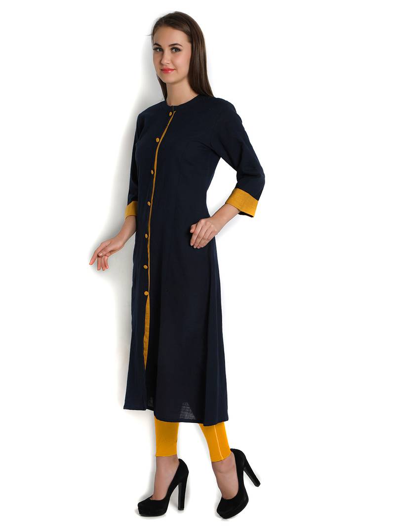 Indibelle blue solid cotton slub front cut kurta