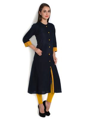 Indibelle blue solid cotton slub front cut kurta 3