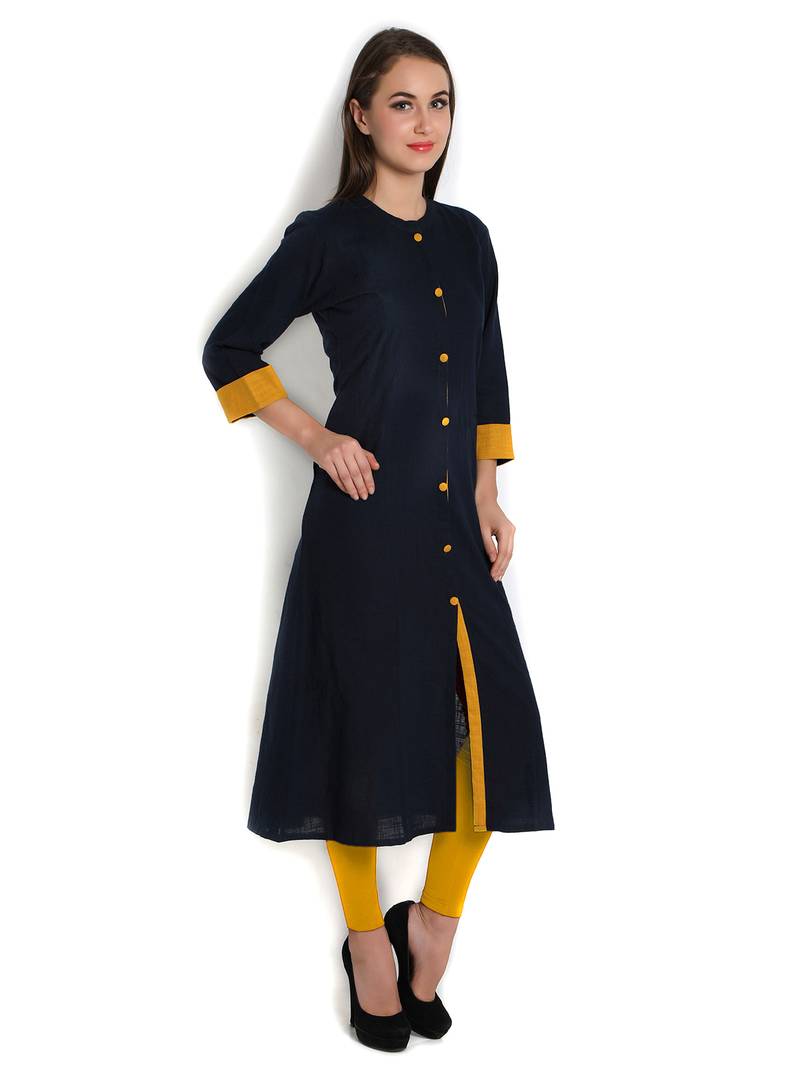 Indibelle blue solid cotton slub front cut kurta
